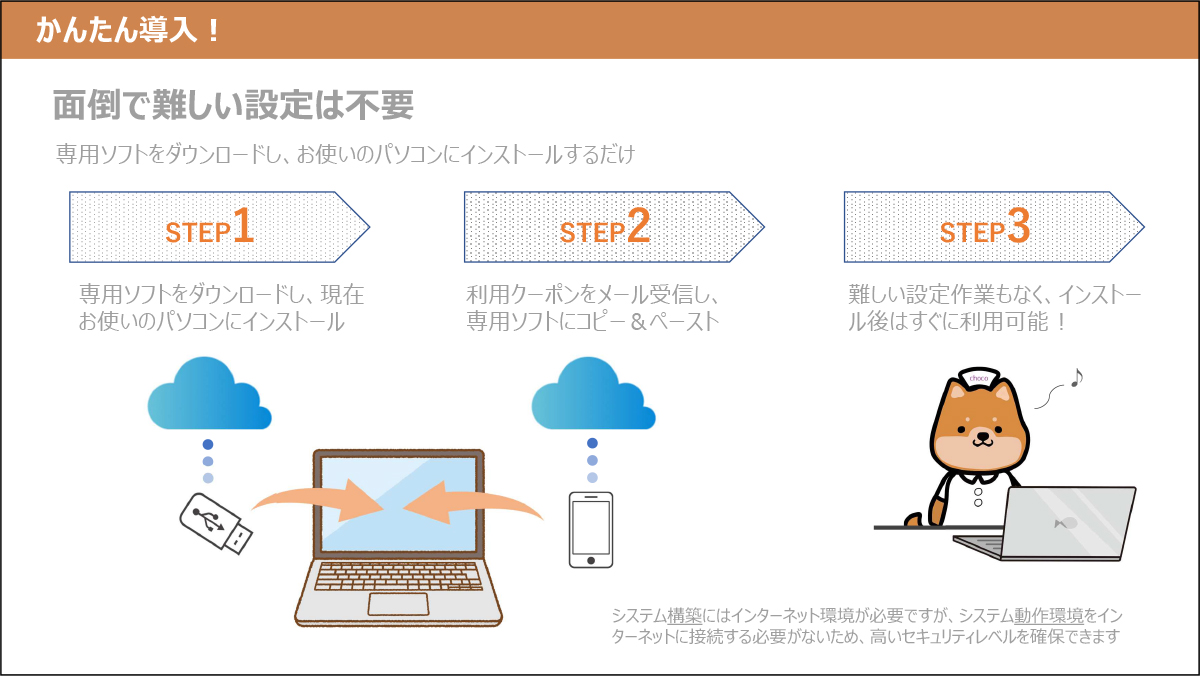 かんたん導⼊︕ 面倒で難しい設定は不要